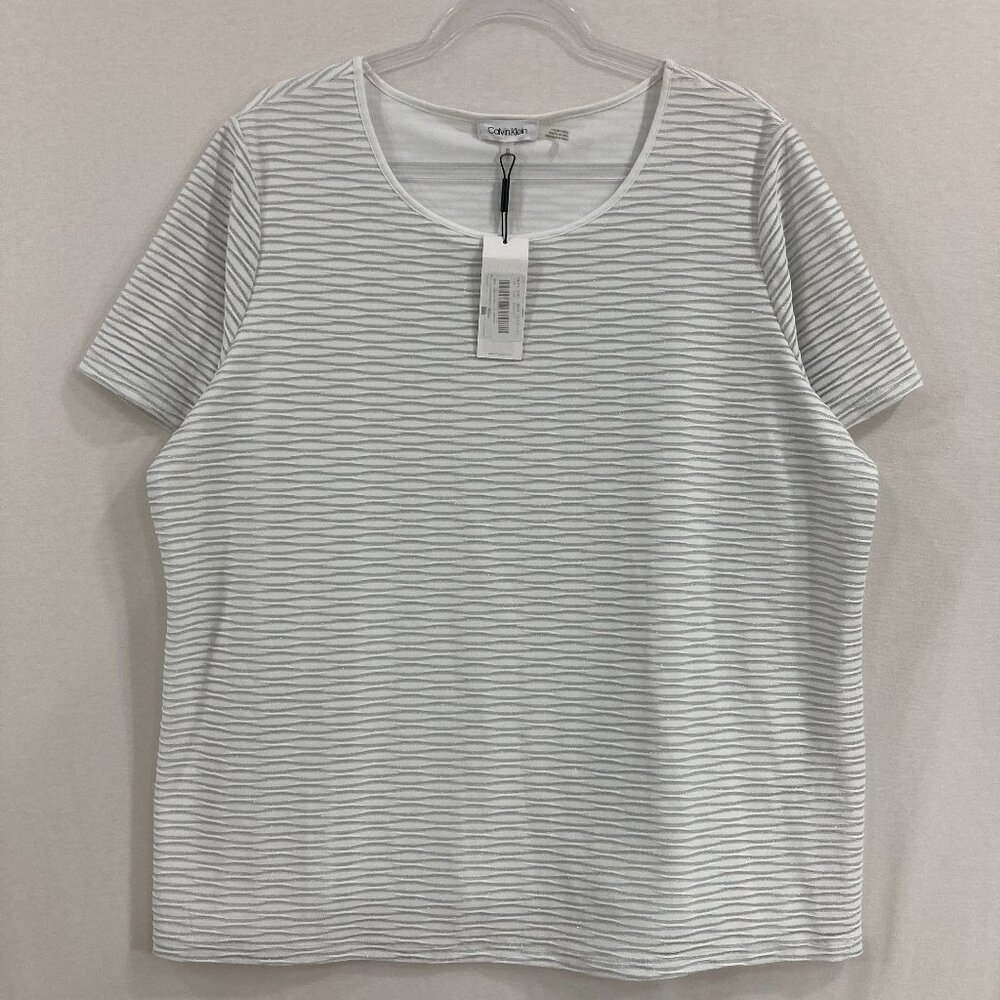 New Calvin Klein Top sz 1X Women's White Gray Textured Knit Stretch Short Sleeve